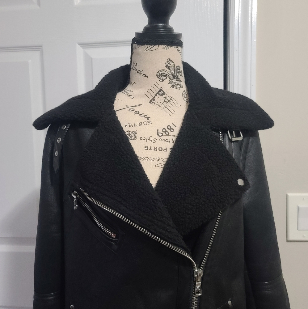 Avec Les Filles Faux Shearling Trim Faux Leather Oversized Biker Moto Jacket XS - Picture 5 of 13